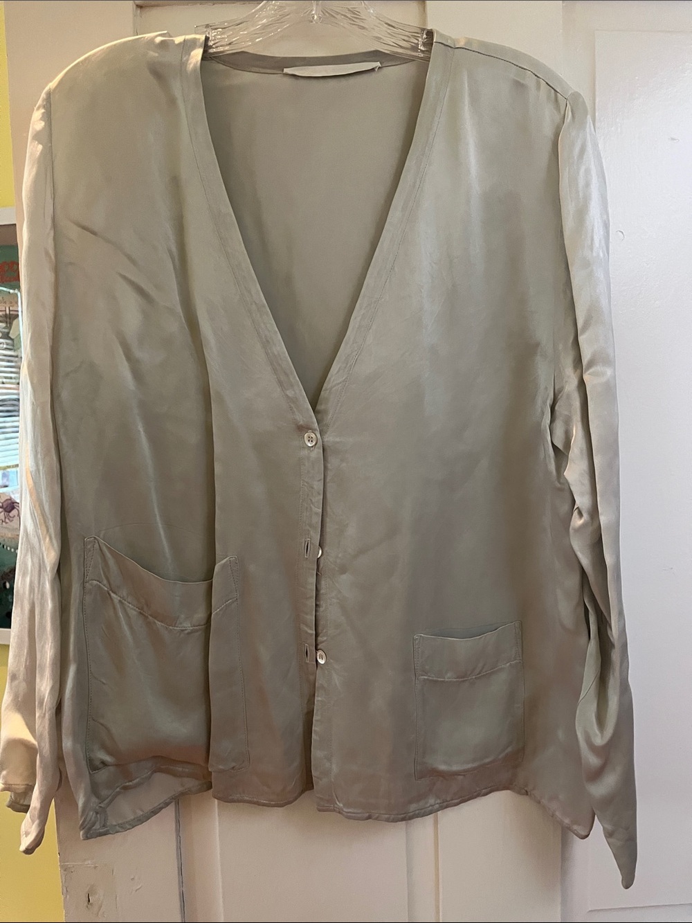 Silky V-Neck Button Front Blouse in Light Gray